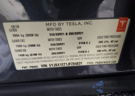 2018 Tesla Model S 100D/75D/P100D из США, поврежденный, VIN 5YJSA1E21JF284831